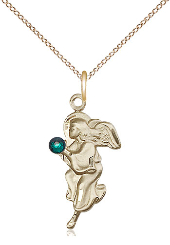 14kt Gold Filled Guardian Angel Pendant with a 3mm Emerald Swarovski stone on a 18 inch Gold Filled Light Curb chain