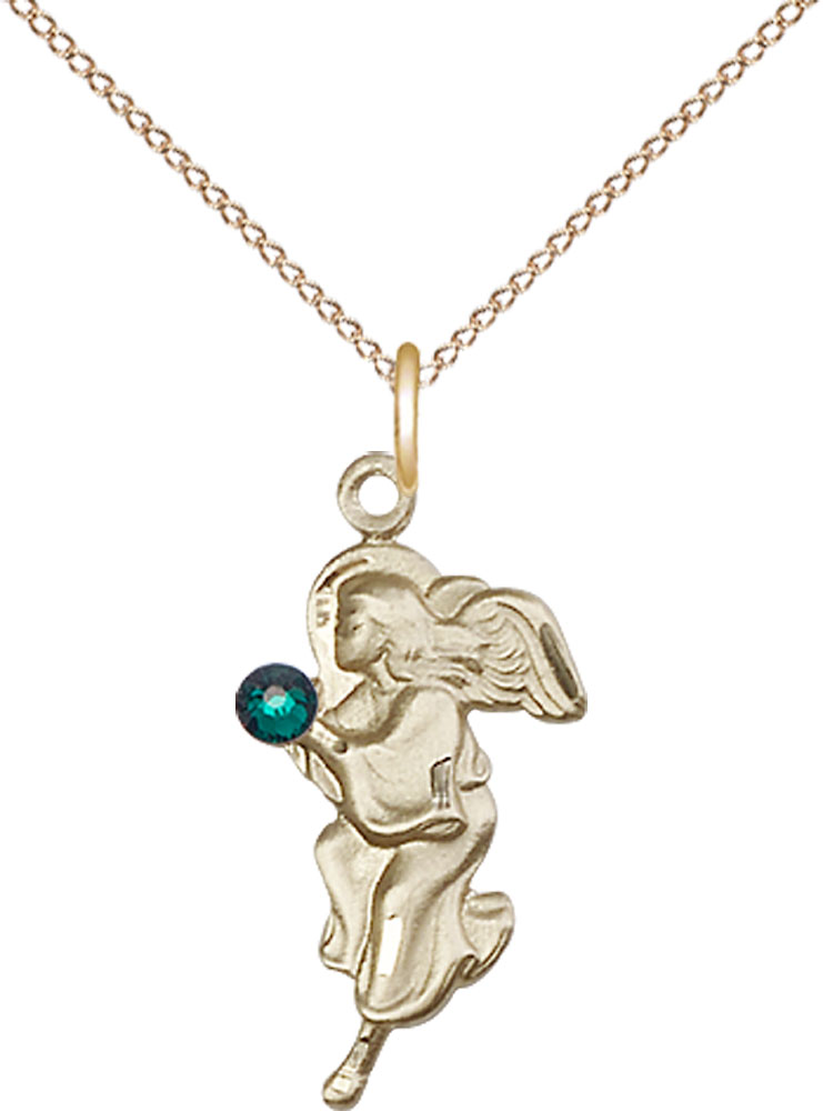 14kt Gold Filled Guardian Angel Pendant with a 3mm Emerald Swarovski stone on a 18 inch Gold Filled Light Curb chain