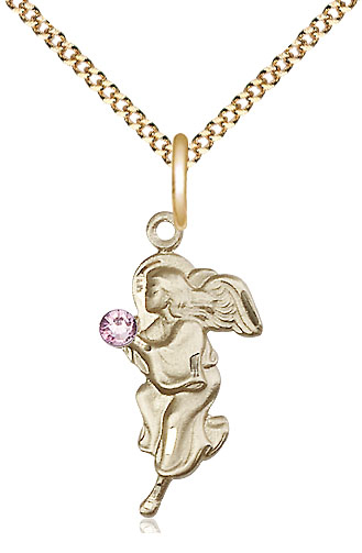 14kt Gold Filled Guardian Angel Pendant with a 3mm Light Amethyst Swarovski stone on a 18 inch Gold Plate Light Curb chain