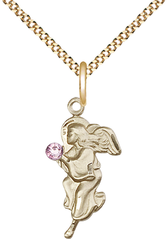 14kt Gold Filled Guardian Angel Pendant with a 3mm Light Amethyst Swarovski stone on a 18 inch Gold Plate Light Curb chain