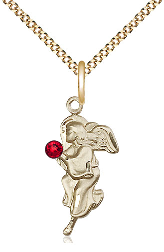 14kt Gold Filled Guardian Angel Pendant with a 3mm Ruby Swarovski stone on a 18 inch Gold Plate Light Curb chain