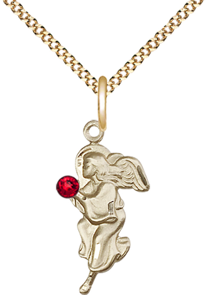 14kt Gold Filled Guardian Angel Pendant with a 3mm Ruby Swarovski stone on a 18 inch Gold Plate Light Curb chain