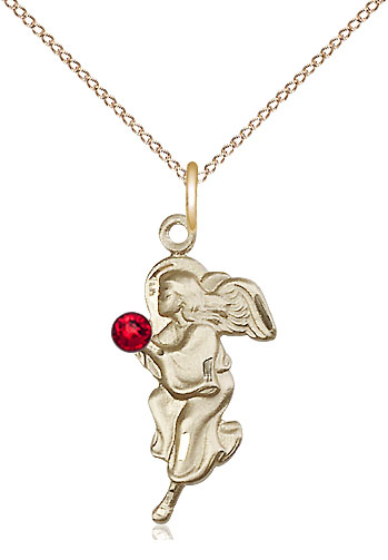 14kt Gold Filled Guardian Angel Pendant with a 3mm Ruby Swarovski stone on a 18 inch Gold Filled Light Curb chain