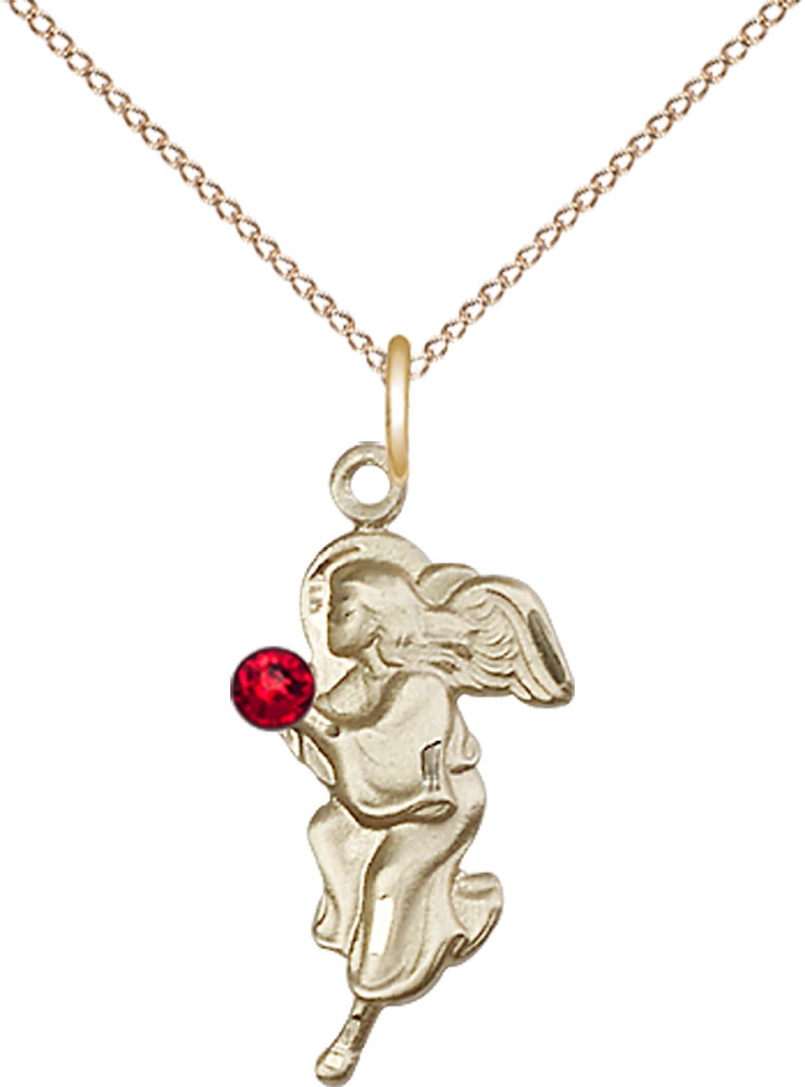 14kt Gold Filled Guardian Angel Pendant with a 3mm Ruby Swarovski stone on a 18 inch Gold Filled Light Curb chain