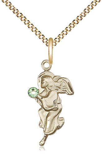 14kt Gold Filled Guardian Angel Pendant with a 3mm Peridot Swarovski stone on a 18 inch Gold Plate Light Curb chain