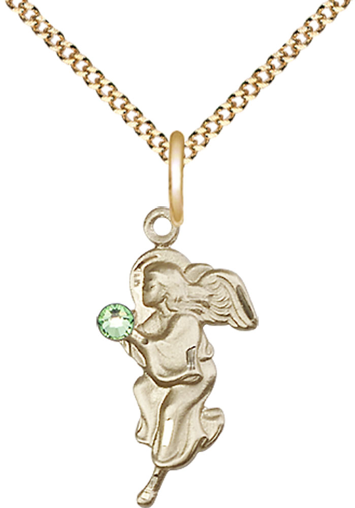 14kt Gold Filled Guardian Angel Pendant with a 3mm Peridot Swarovski stone on a 18 inch Gold Plate Light Curb chain