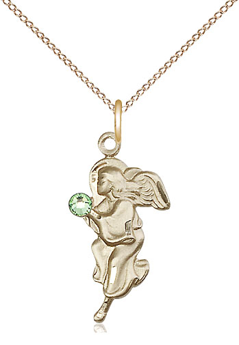 14kt Gold Filled Guardian Angel Pendant with a 3mm Peridot Swarovski stone on a 18 inch Gold Filled Light Curb chain