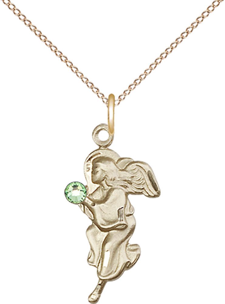 14kt Gold Filled Guardian Angel Pendant with a 3mm Peridot Swarovski stone on a 18 inch Gold Filled Light Curb chain