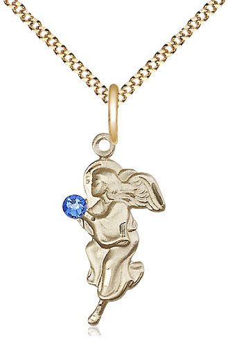 14kt Gold Filled Guardian Angel Pendant with a 3mm Sapphire Swarovski stone on a 18 inch Gold Plate Light Curb chain