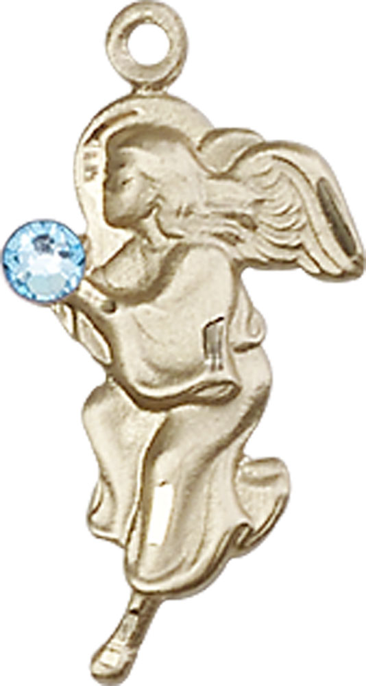 14kt Gold Guardian Angel Medal with a 3mm Aqua Swarovski stone