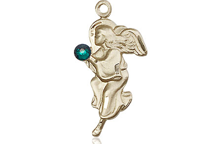 14kt Gold Guardian Angel Medal with a 3mm Emerald Swarovski stone