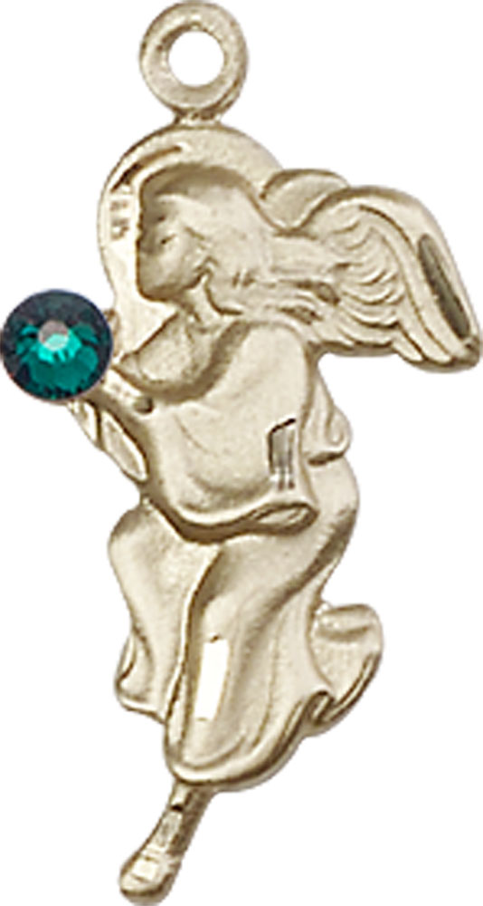 14kt Gold Guardian Angel Medal with a 3mm Emerald Swarovski stone