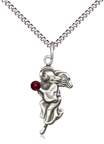 Sterling Silver Guardian Angel Pendant with a 3mm Garnet Swarovski stone on a 18 inch Light Rhodium Light Curb chain