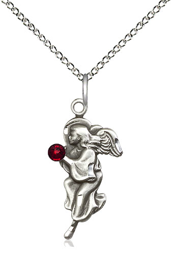 Sterling Silver Guardian Angel Pendant with a 3mm Garnet Swarovski stone on a 18 inch Sterling Silver Light Curb chain