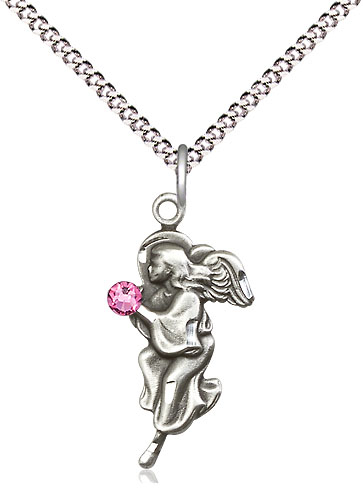 Sterling Silver Guardian Angel Pendant with a 3mm Rose Swarovski stone on a 18 inch Light Rhodium Light Curb chain