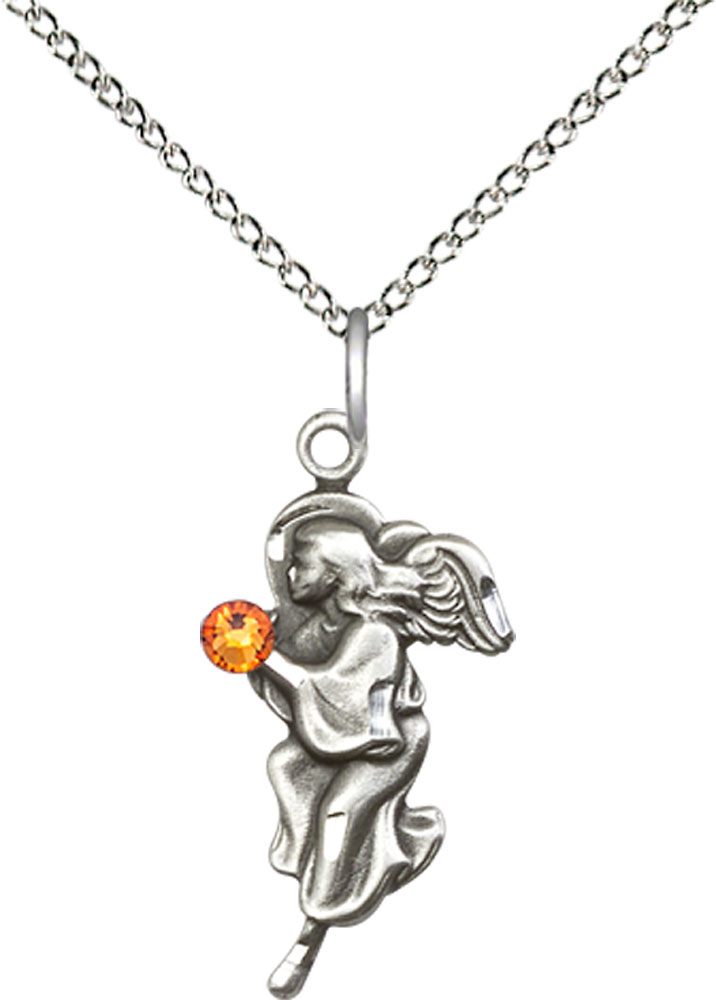 Sterling Silver Guardian Angel Pendant with a 3mm Topaz Swarovski stone on a 18 inch Sterling Silver Light Curb chain
