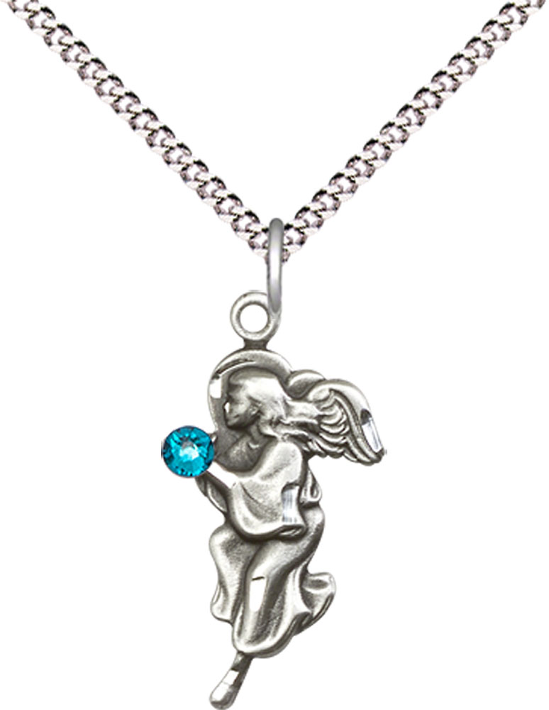 Sterling Silver Guardian Angel Pendant with a 3mm Zircon Swarovski stone on a 18 inch Light Rhodium Light Curb chain