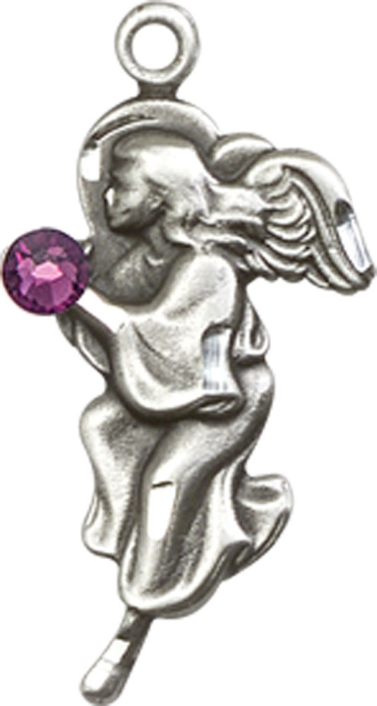 Sterling Silver Guardian Angel Medal with a 3mm Amethyst Swarovski stone