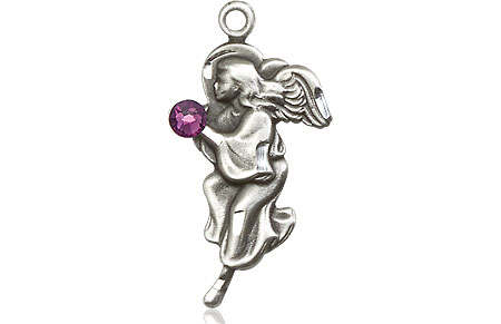 Sterling Silver Guardian Angel Medal with a 3mm Amethyst Swarovski stone