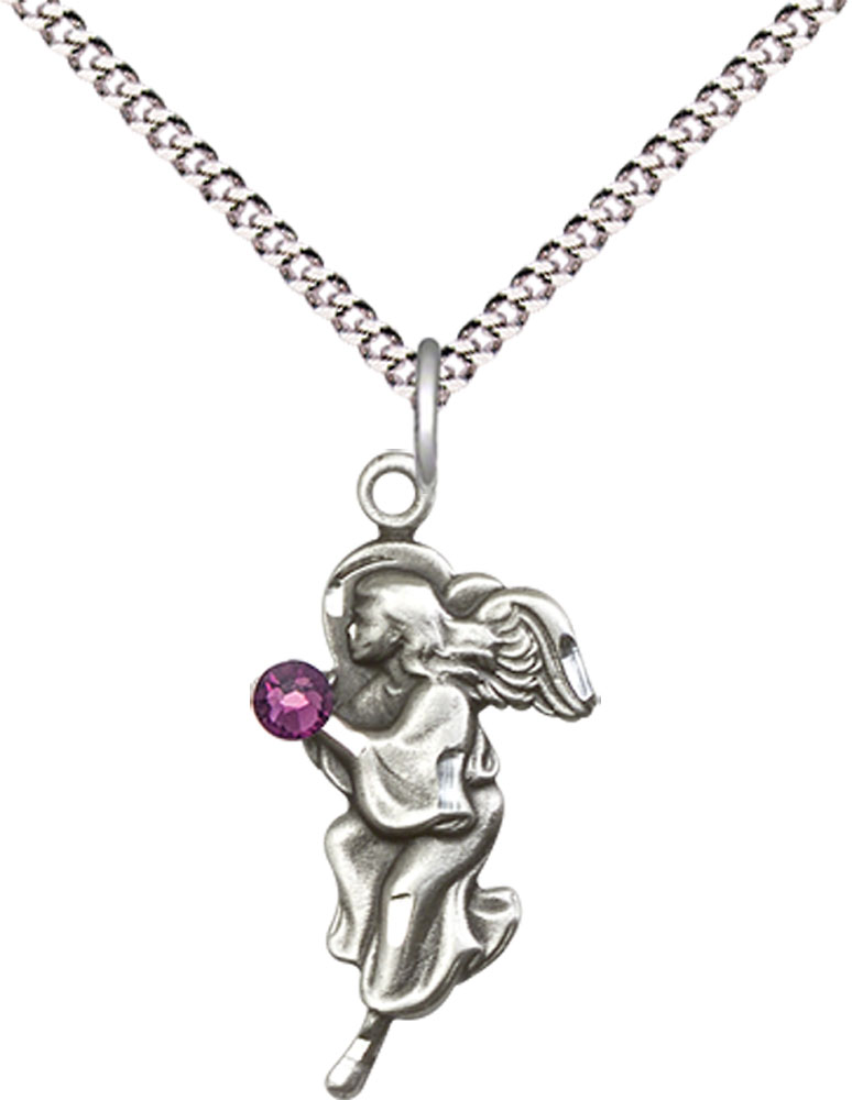 Sterling Silver Guardian Angel Pendant with a 3mm Amethyst Swarovski stone on a 18 inch Light Rhodium Light Curb chain