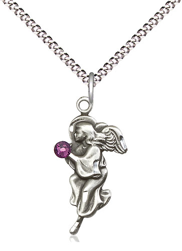 Sterling Silver Guardian Angel Pendant with a 3mm Amethyst Swarovski stone on a 18 inch Light Rhodium Light Curb chain