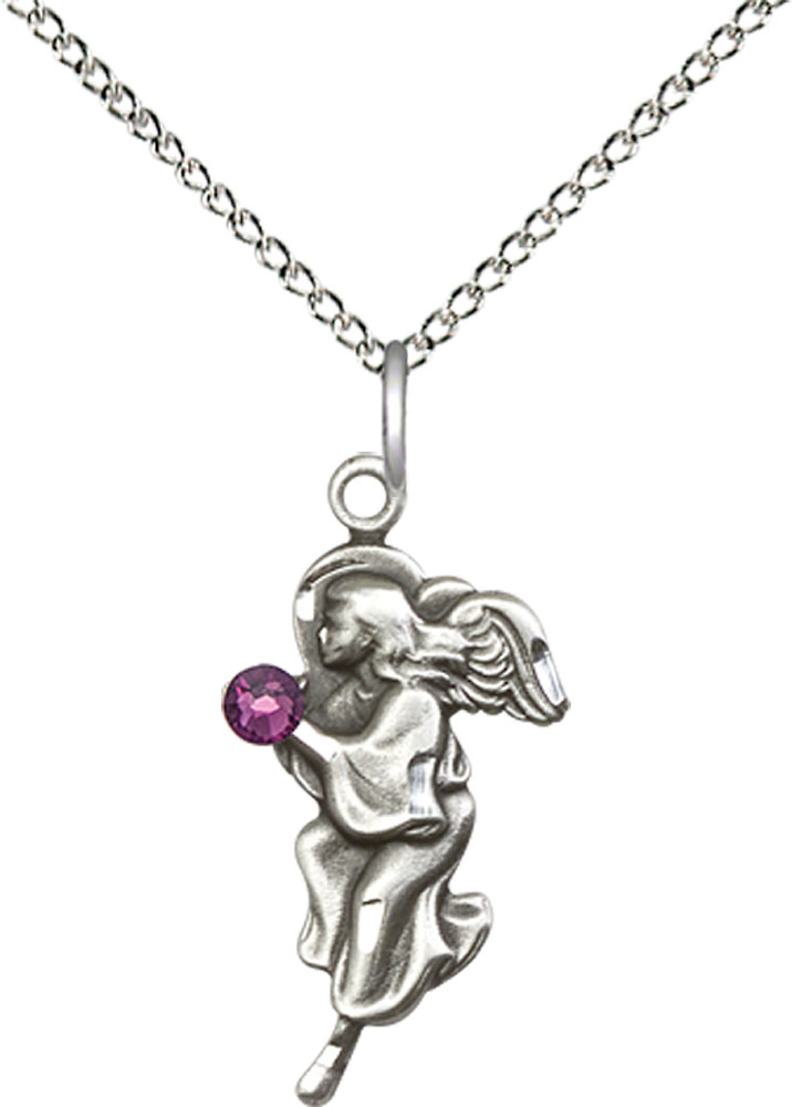 Sterling Silver Guardian Angel Pendant with a 3mm Amethyst Swarovski stone on a 18 inch Sterling Silver Light Curb chain