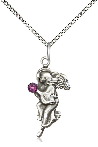 Sterling Silver Guardian Angel Pendant with a 3mm Amethyst Swarovski stone on a 18 inch Sterling Silver Light Curb chain