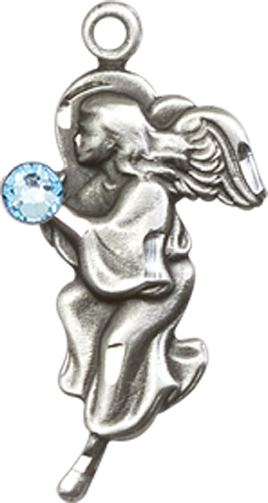 Sterling Silver Guardian Angel Medal with a 3mm Aqua Swarovski stone