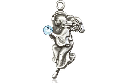 Sterling Silver Guardian Angel Medal with a 3mm Aqua Swarovski stone