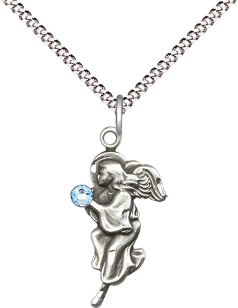 Sterling Silver Guardian Angel Pendant with a 3mm Aqua Swarovski stone on a 18 inch Light Rhodium Light Curb chain