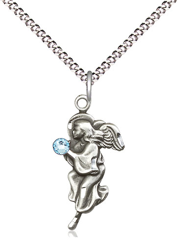 Sterling Silver Guardian Angel Pendant with a 3mm Aqua Swarovski stone on a 18 inch Light Rhodium Light Curb chain