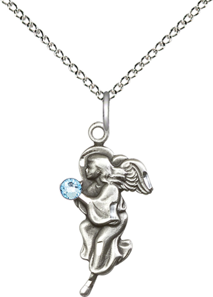 Sterling Silver Guardian Angel Pendant with a 3mm Aqua Swarovski stone on a 18 inch Sterling Silver Light Curb chain