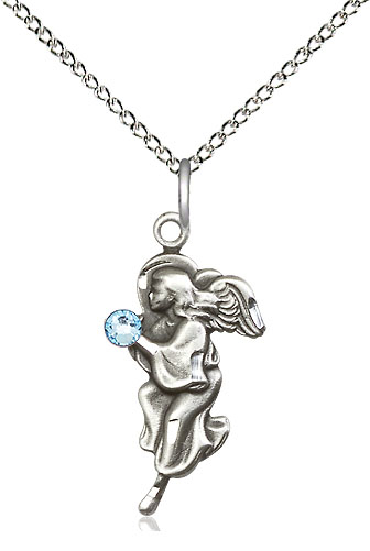 Sterling Silver Guardian Angel Pendant with a 3mm Aqua Swarovski stone on a 18 inch Sterling Silver Light Curb chain