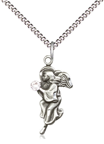 Sterling Silver Guardian Angel Pendant with a 3mm Crystal Swarovski stone on a 18 inch Light Rhodium Light Curb chain