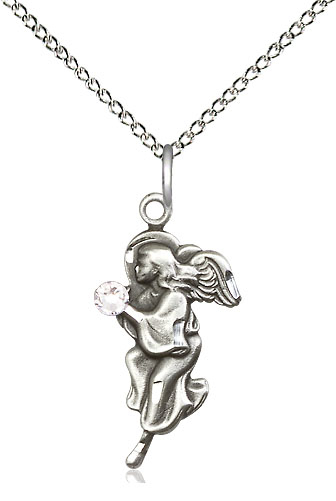 Sterling Silver Guardian Angel Pendant with a 3mm Crystal Swarovski stone on a 18 inch Sterling Silver Light Curb chain