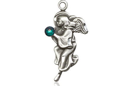 Sterling Silver Guardian Angel Medal with a 3mm Emerald Swarovski stone