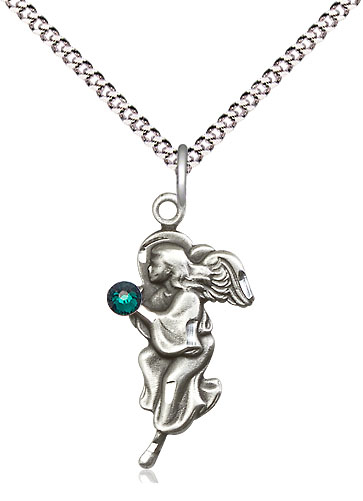 Sterling Silver Guardian Angel Pendant with a 3mm Emerald Swarovski stone on a 18 inch Light Rhodium Light Curb chain