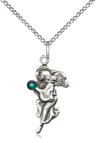 Sterling Silver Guardian Angel Pendant with a 3mm Emerald Swarovski stone on a 18 inch Sterling Silver Light Curb chain