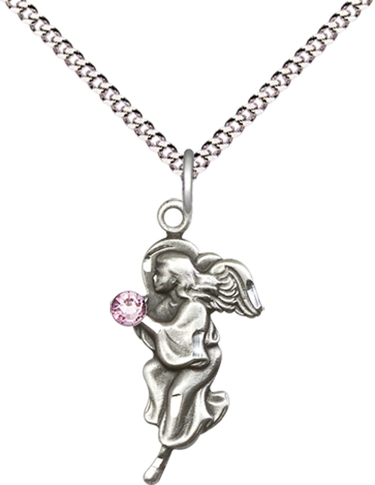 Sterling Silver Guardian Angel Pendant with a 3mm Light Amethyst Swarovski stone on a 18 inch Light Rhodium Light Curb chain