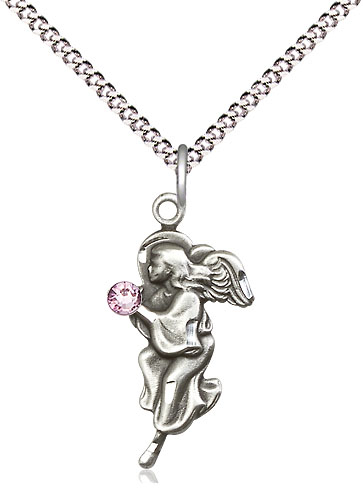 Sterling Silver Guardian Angel Pendant with a 3mm Light Amethyst Swarovski stone on a 18 inch Light Rhodium Light Curb chain