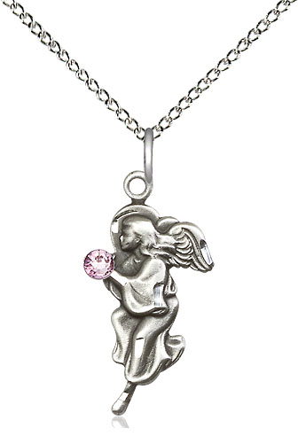 Sterling Silver Guardian Angel Pendant with a 3mm Light Amethyst Swarovski stone on a 18 inch Sterling Silver Light Curb chain