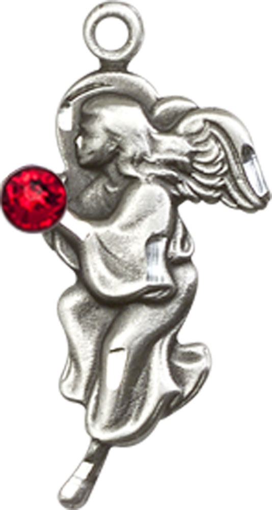 Sterling Silver Guardian Angel Medal with a 3mm Ruby Swarovski stone