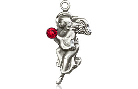 Sterling Silver Guardian Angel Medal with a 3mm Ruby Swarovski stone