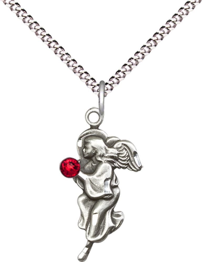 Sterling Silver Guardian Angel Pendant with a 3mm Ruby Swarovski stone on a 18 inch Light Rhodium Light Curb chain