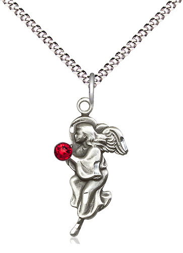 Sterling Silver Guardian Angel Pendant with a 3mm Ruby Swarovski stone on a 18 inch Light Rhodium Light Curb chain