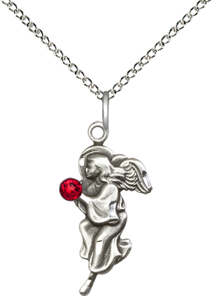 Sterling Silver Guardian Angel Pendant with a 3mm Ruby Swarovski stone on a 18 inch Sterling Silver Light Curb chain