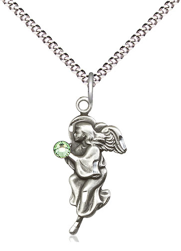 Sterling Silver Guardian Angel Pendant with a 3mm Peridot Swarovski stone on a 18 inch Light Rhodium Light Curb chain