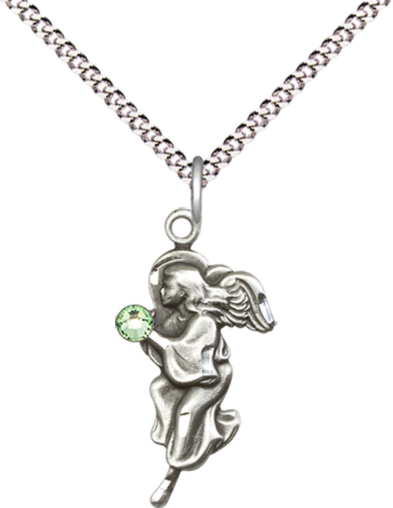 Sterling Silver Guardian Angel Pendant with a 3mm Peridot Swarovski stone on a 18 inch Light Rhodium Light Curb chain