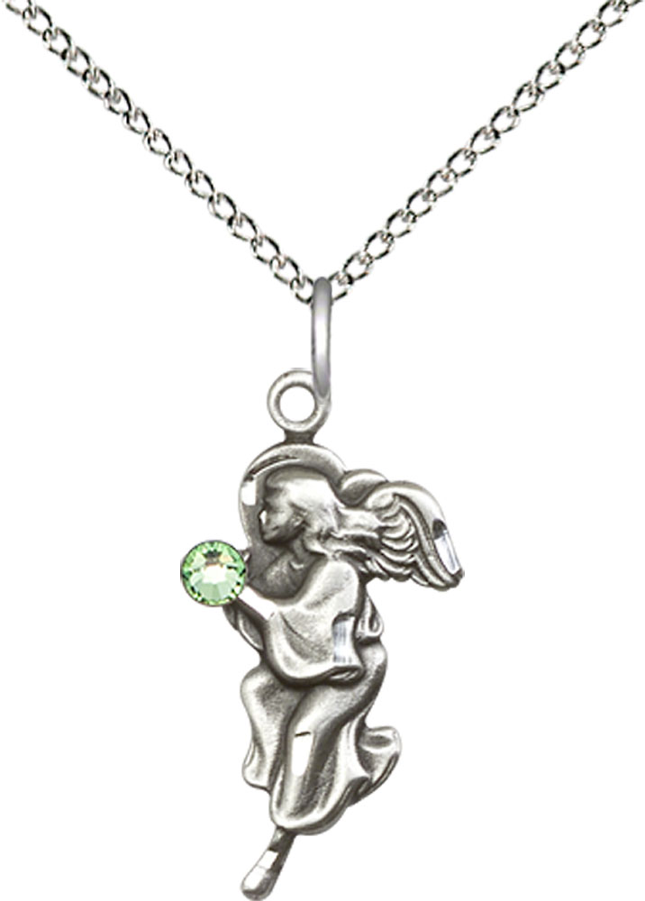 Sterling Silver Guardian Angel Pendant with a 3mm Peridot Swarovski stone on a 18 inch Sterling Silver Light Curb chain