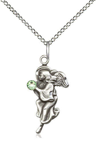 Sterling Silver Guardian Angel Pendant with a 3mm Peridot Swarovski stone on a 18 inch Sterling Silver Light Curb chain